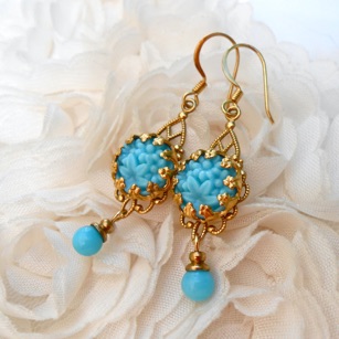 Boucles D'oreilles Percées VINTAGE - Cabochons En Verre Bleu Sur Métal Argenté - Réf. 2243